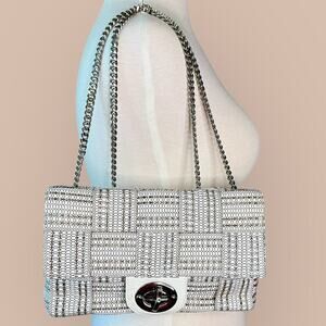 Alma Tonutti Italy Leather Fabric Purse Bag Silver Chain Strap Woven White Tan